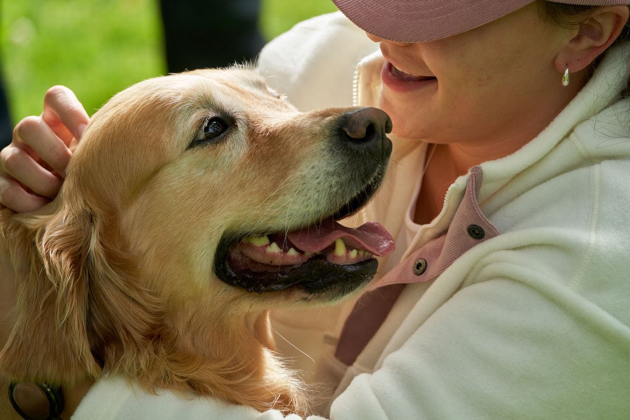Heartwarming moment of a girl hugging her Golden Retriever outdoors, radiating joy and affection.